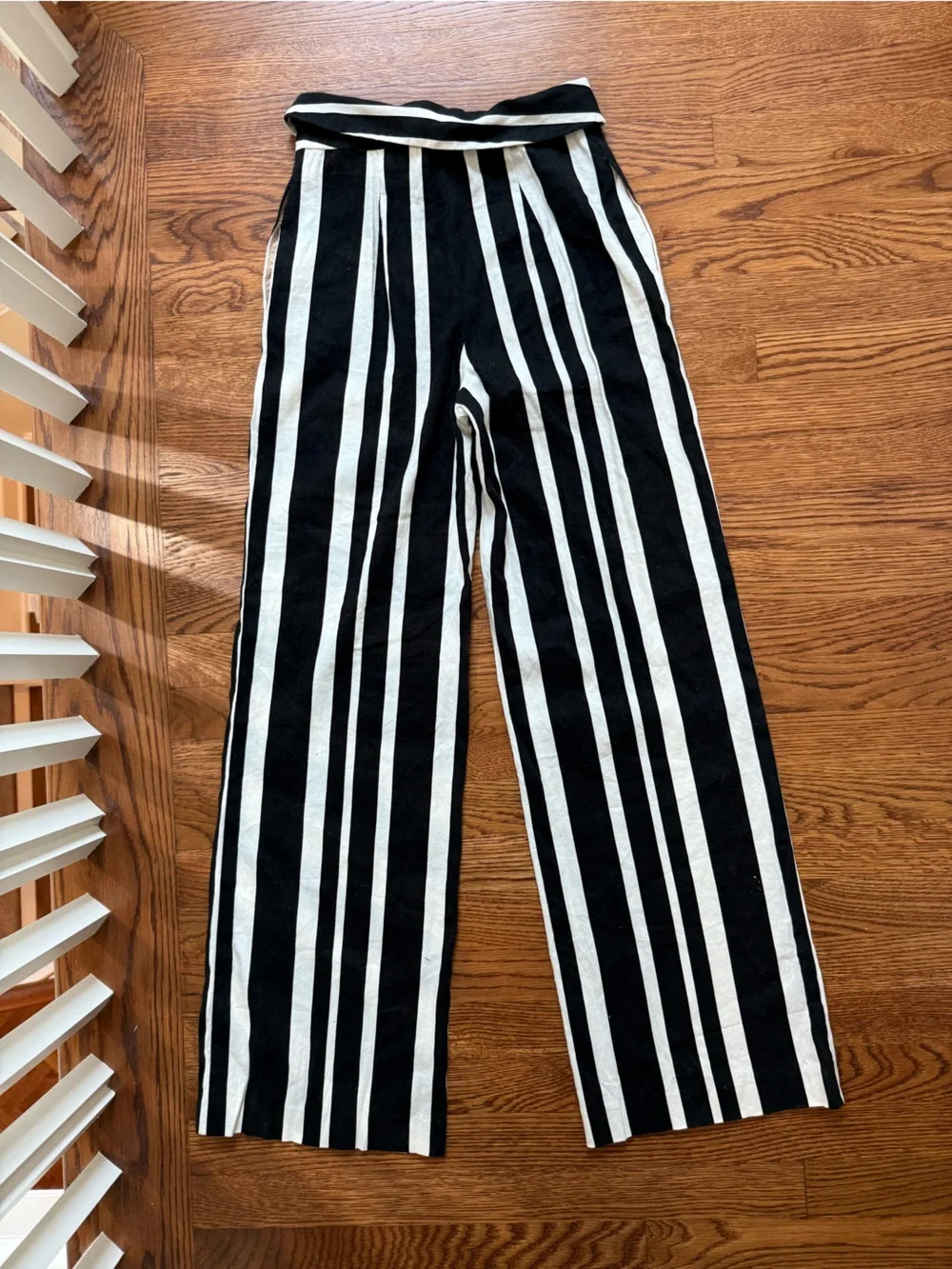 ALICE + OLIVIA High Rise Striped Contrast Pants Wide Leg Linen Blend Foldover 00 - Picture 2 of 8